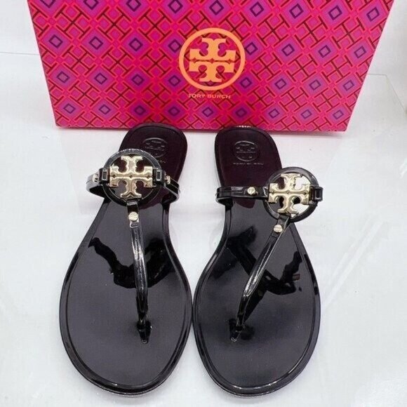 Tory Burch Mini Miller Womens Thong Flat Sandal Black Rubber Gold Logo US 7 - Picture 4 of 9